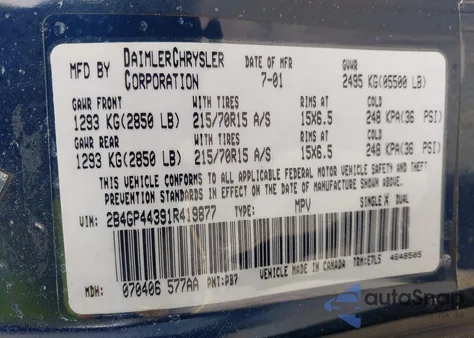 2001 Dodge Grand Caravan Sport из США, поврежденный, VIN 2B4GP44391R419877